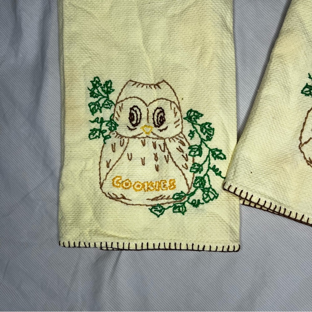 Vintage Yellow Hand Stitched Owl Cookies Hand Towel Set Of Two
